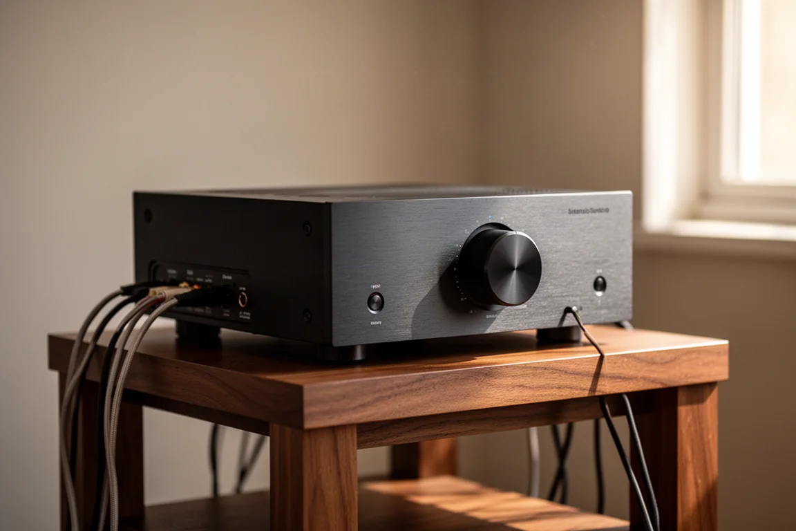 Amplificatore integrato e cavi di diffusori su un rack in legno con luce soffusa dalla finestra