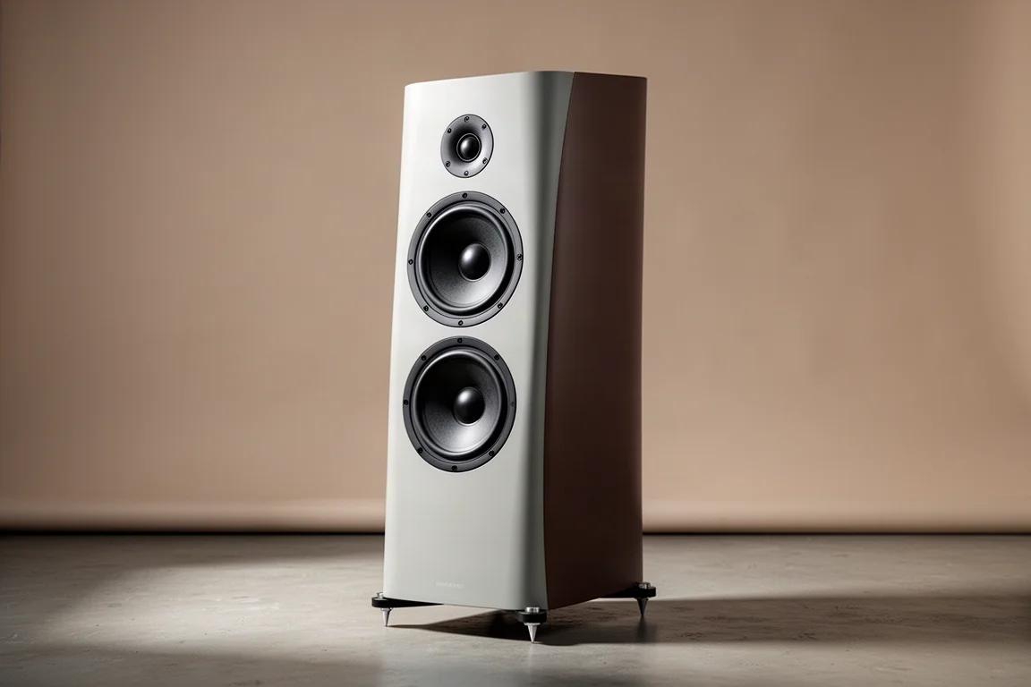 Tall curved-cabinet floorstanding speaker with two 6-inch drivers on a neutral studio backdrop