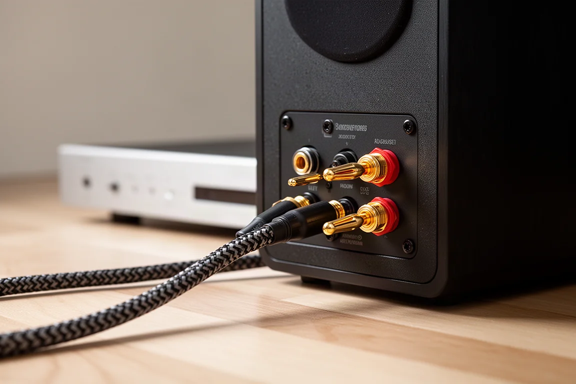 Giradischi, amplificatore e pila di dischi in vinile su una console in legno in luce calda serale