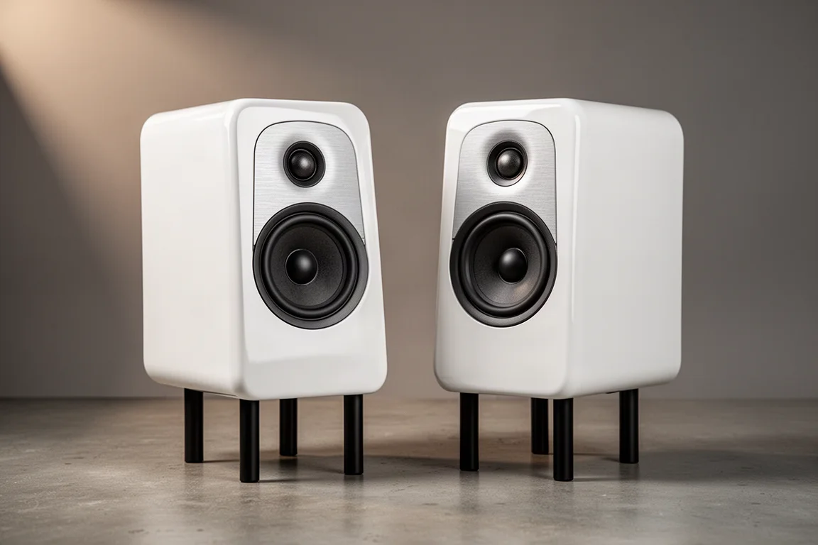 Two compact standmount speakers on slim tripod stands against a neutral backdrop