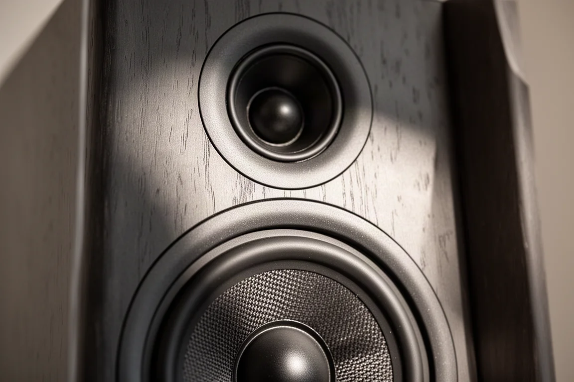 喇叭前障板特寫,顯示編織中低音錐盆與半球形高音單元