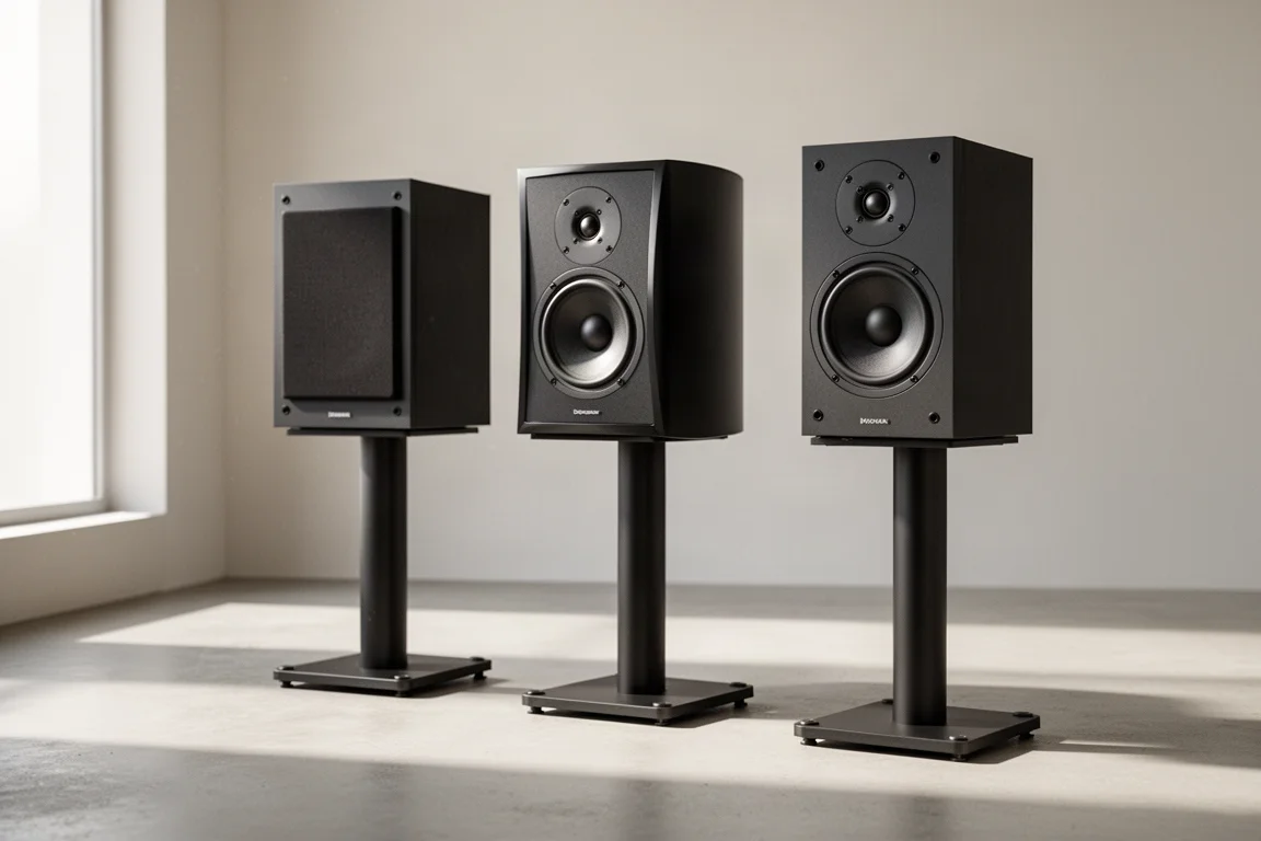 Three compact standmount loudspeakers on slim floor stands in a bright minimal listening room