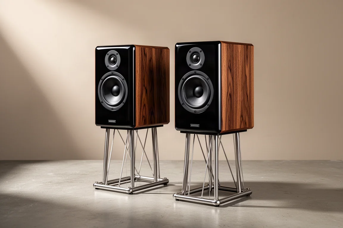 Two stand-mount speakers with black gloss and rosewood veneer cabinets on open-frame stands