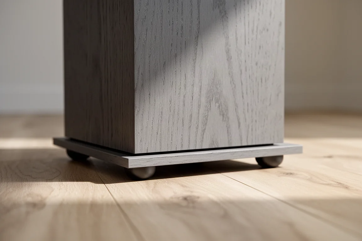 丸みのある脚を備えたアルミニウム製アイソレーションベース上の光沢あるスピーカーキャビネットのクローズアップ