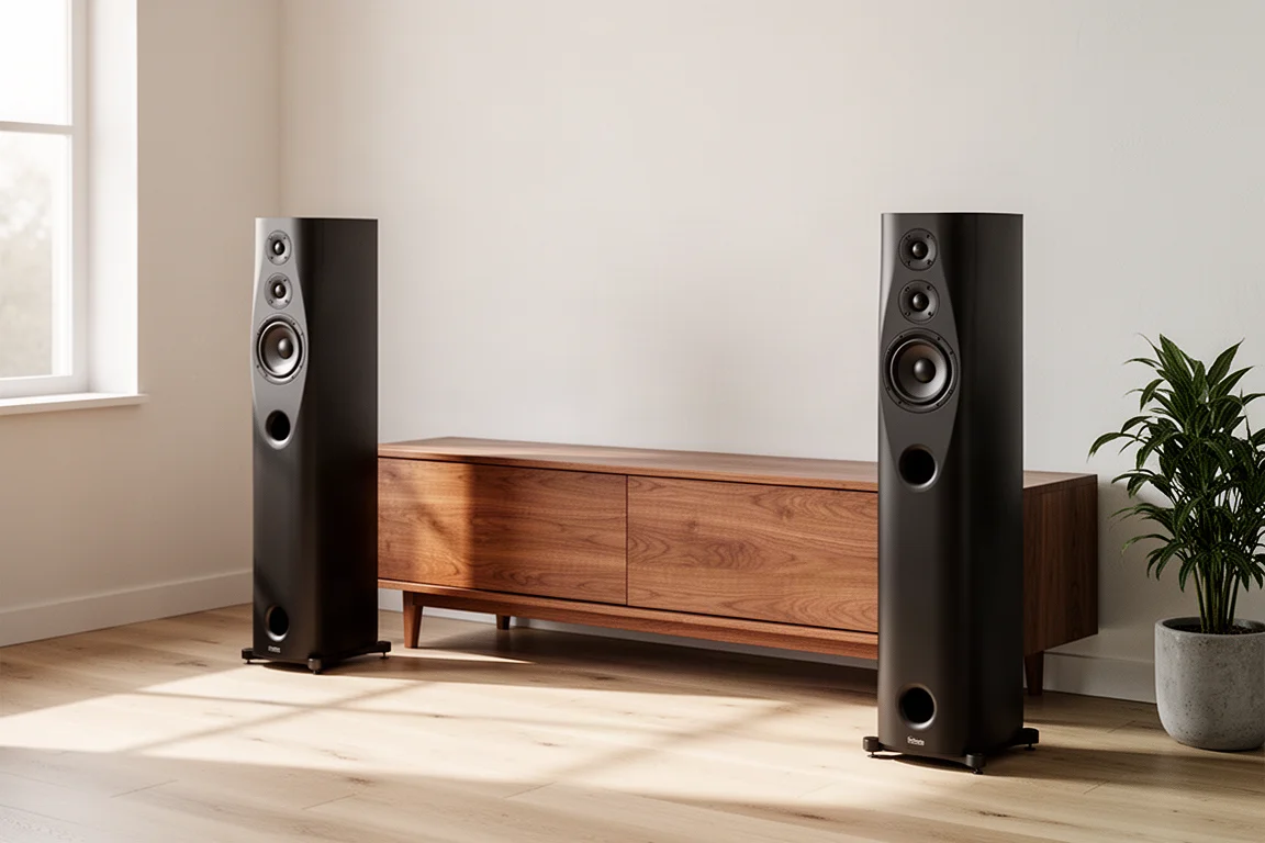 Gloss black floorstanding loudspeaker on an aluminium isolation base against a neutral backdrop