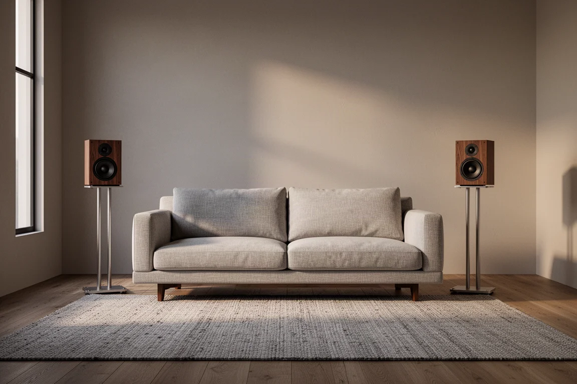 Compacte subwoofer weggestopt in de hoek van een woonkamer naast een bank