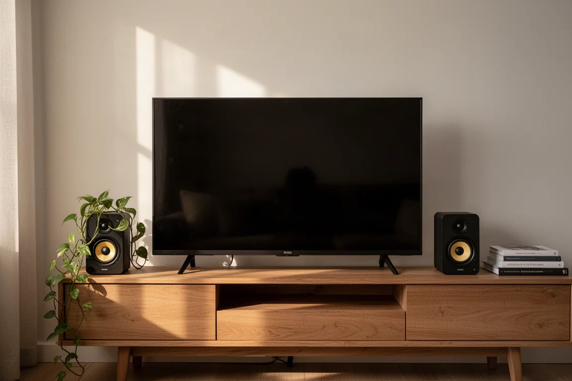 Televisie op een houten standaard geflankeerd door twee compacte luidsprekers in een lichte kamer