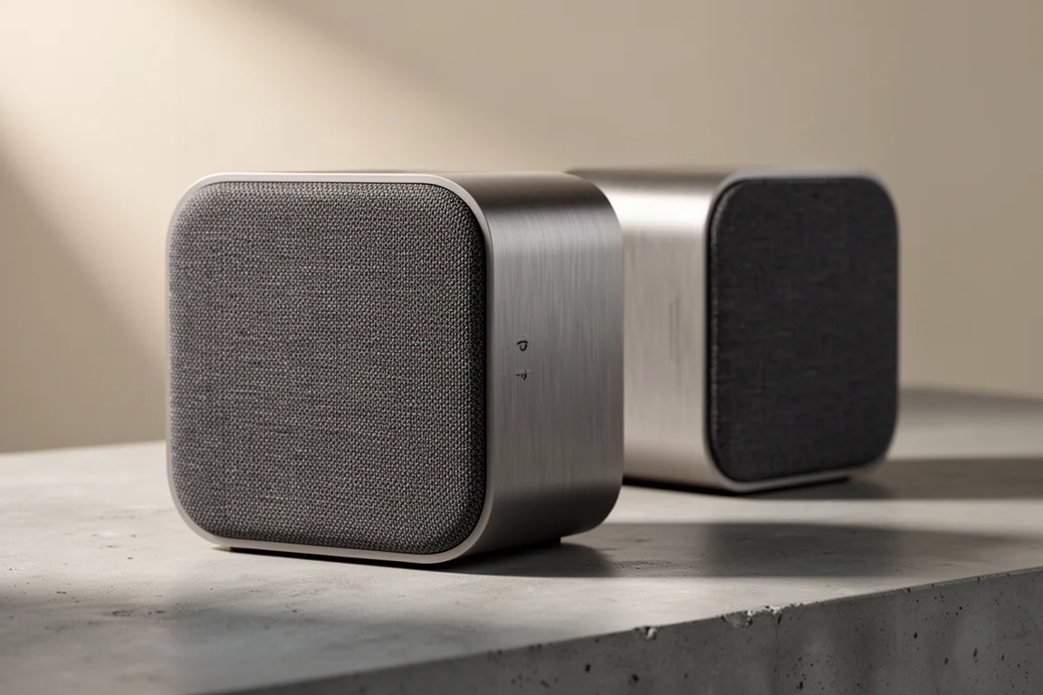 Two compact powered bookshelf speakers and a remote control on a concrete surface