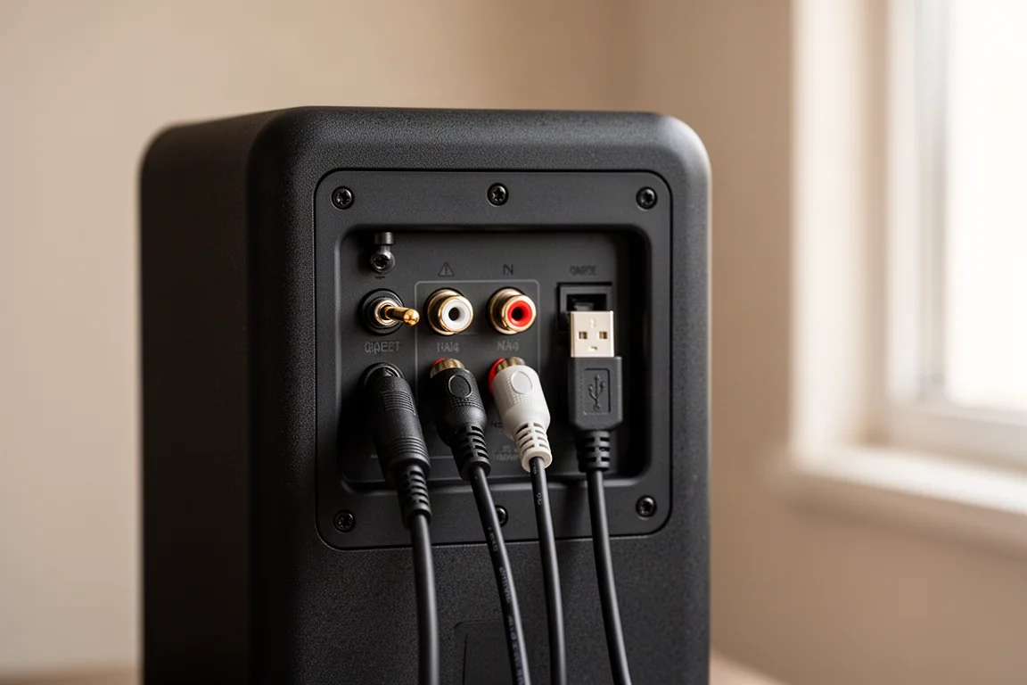 Rückseite eines Aktivlautsprechers mit angeschlossenen optischen, RCA- und USB-Kabeln