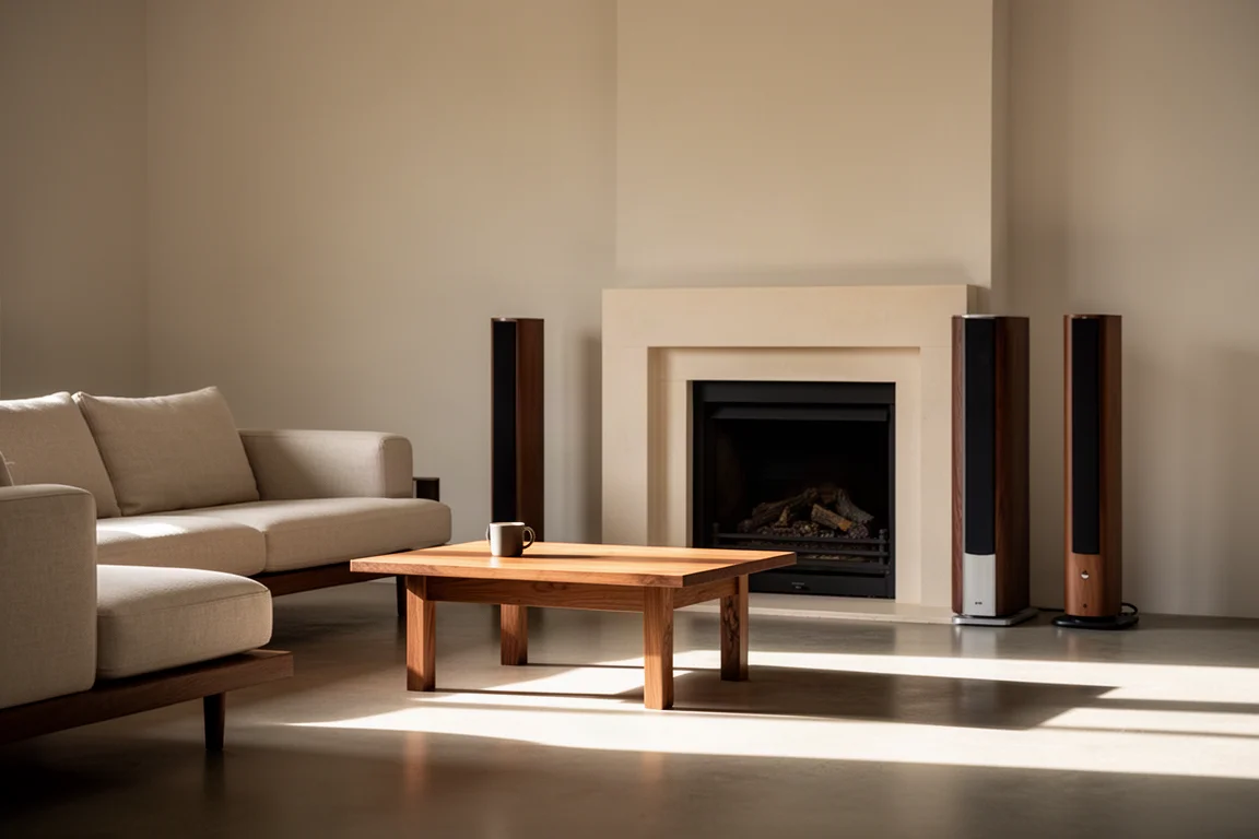 Minimalistisches Wohnzimmer mit schlanken Tower-Lautsprechern neben einem cremefarbenen Kamin