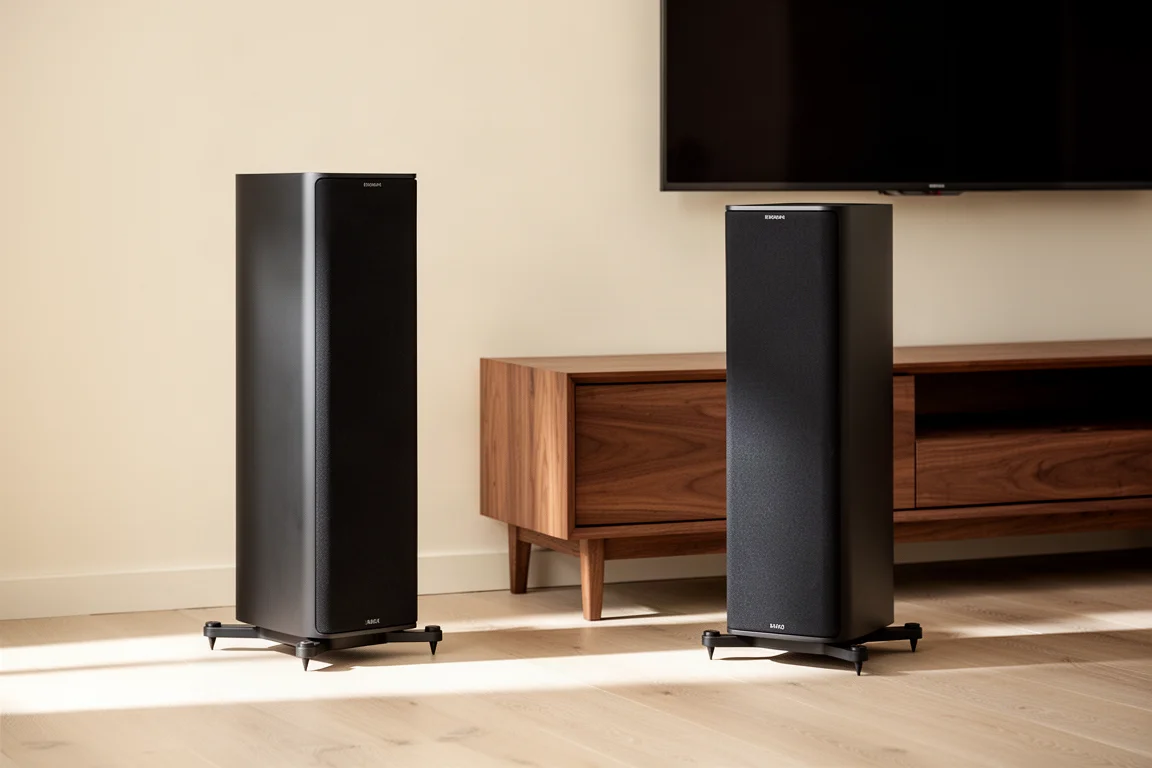 Two slim black powered tower speakers flanking a wooden media console in a cream living room
