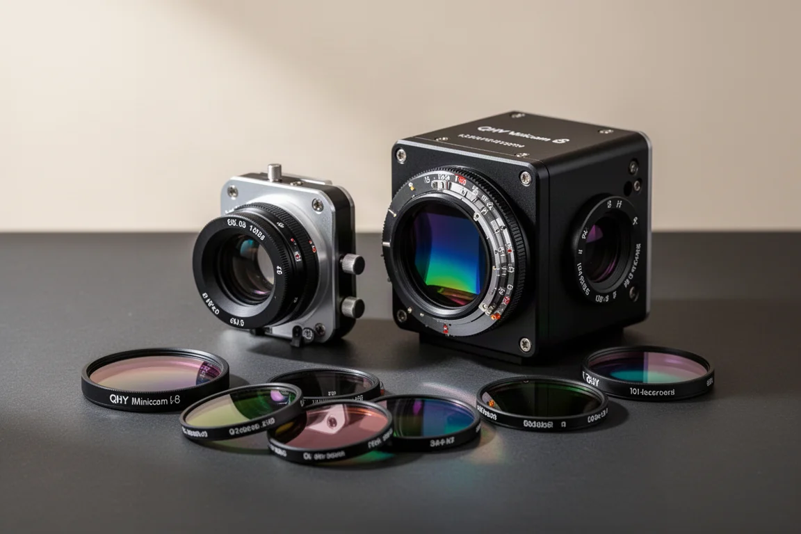 QHY Minicam 8 相機與窄頻濾鏡置於深色表面上