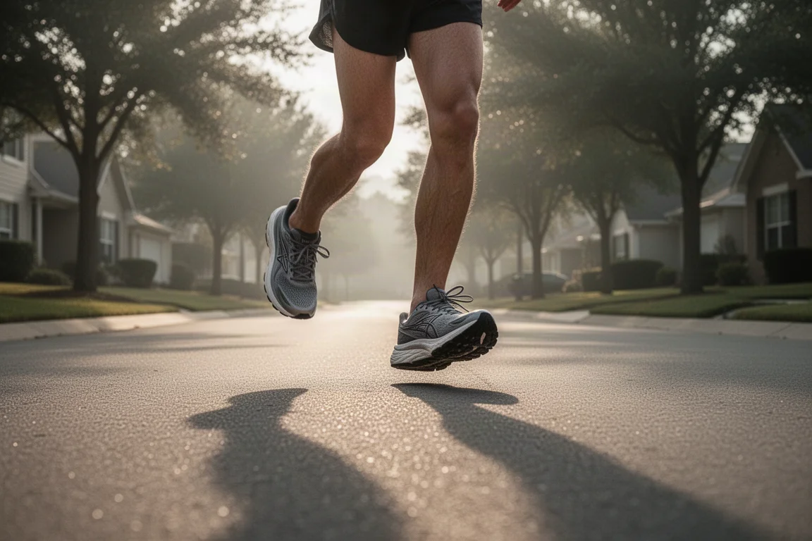Runner logging easy aerobic miles on quiet suburban pavement in the early morning