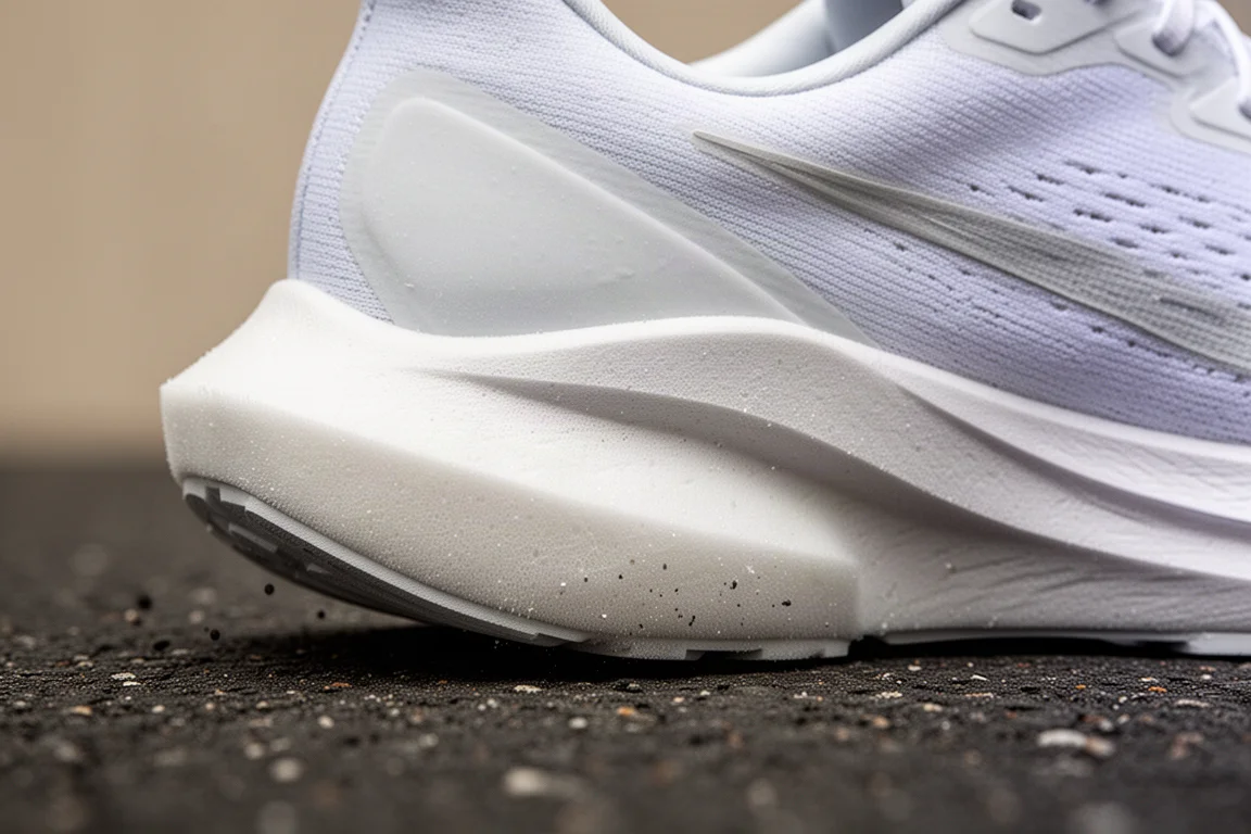 Close-up of a thick race foam midsole compressing on a road surface