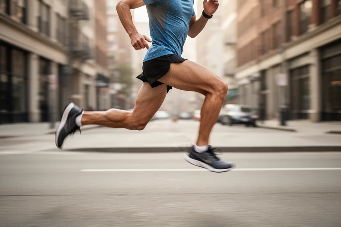 Runner accelerating through a pace surge on a city street