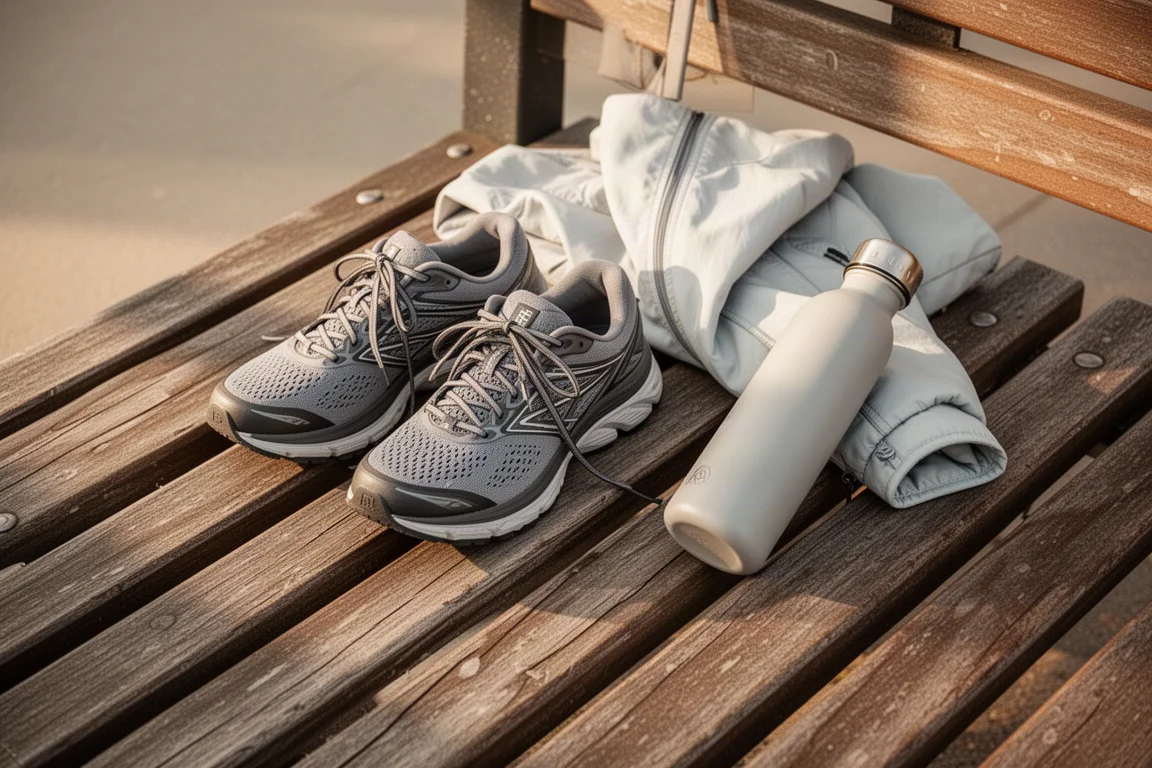 Running shoes and gear laid out on a wooden bench after a morning run