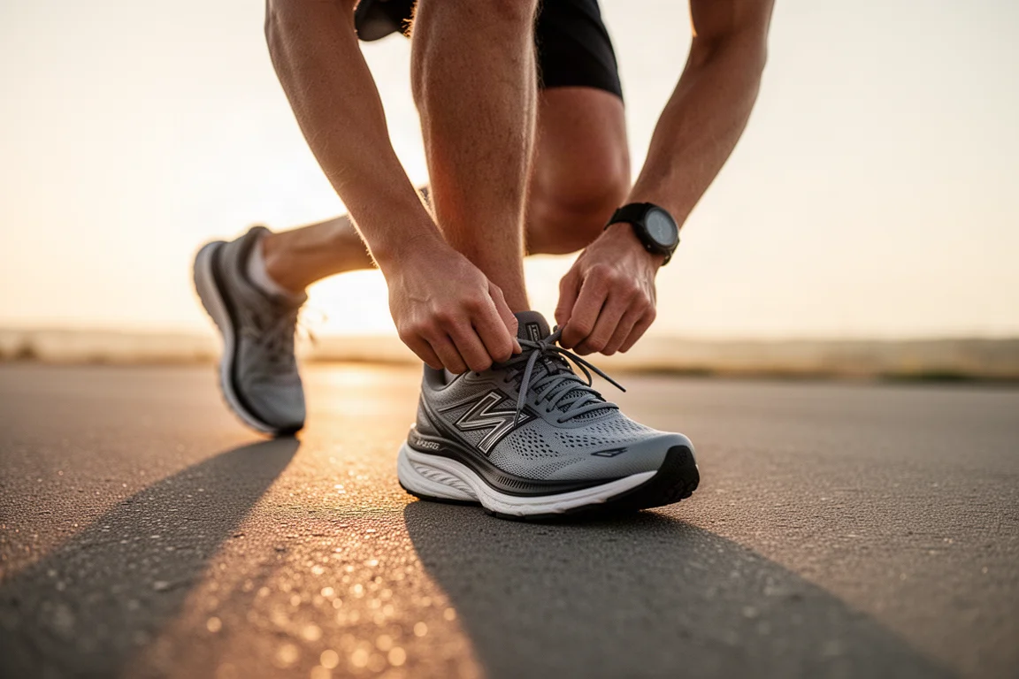 Runner lacing up a cushioned daily trainer on a quiet pavement at sunrise