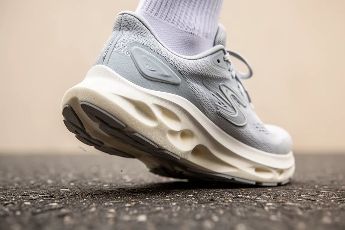 Close-up of a thick soft midsole compressing under footstrike