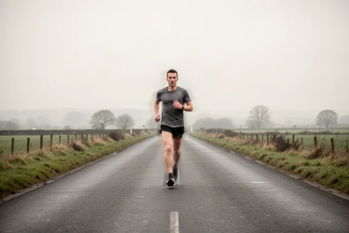 Runner shuffling through the late stages of a long run on a country road