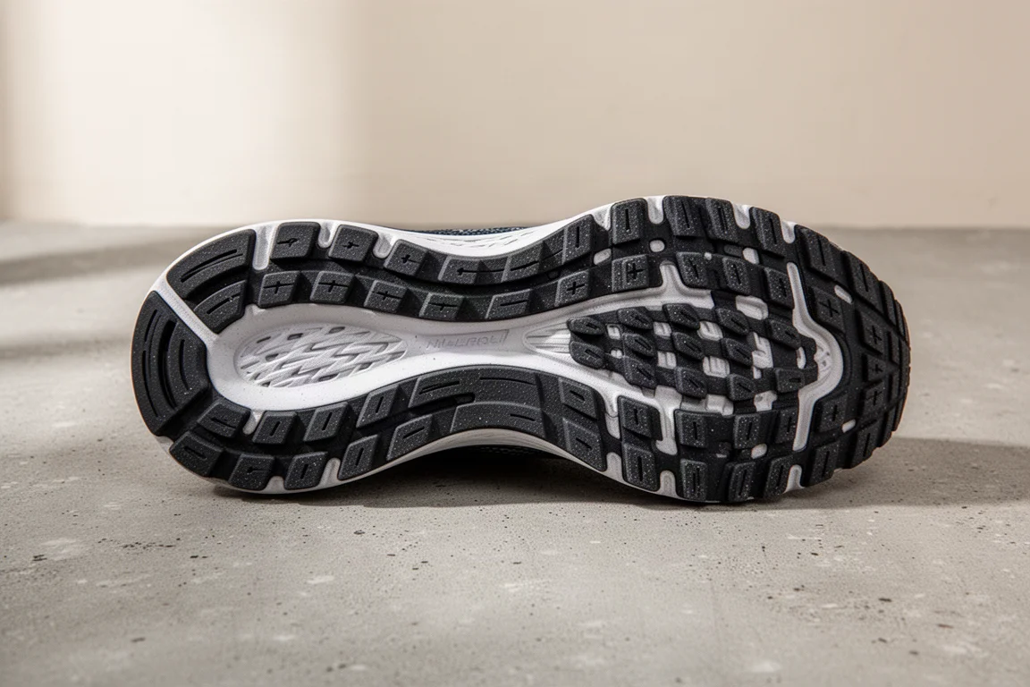 Close-up of a durable rubber outsole with thick tread on grey concrete
