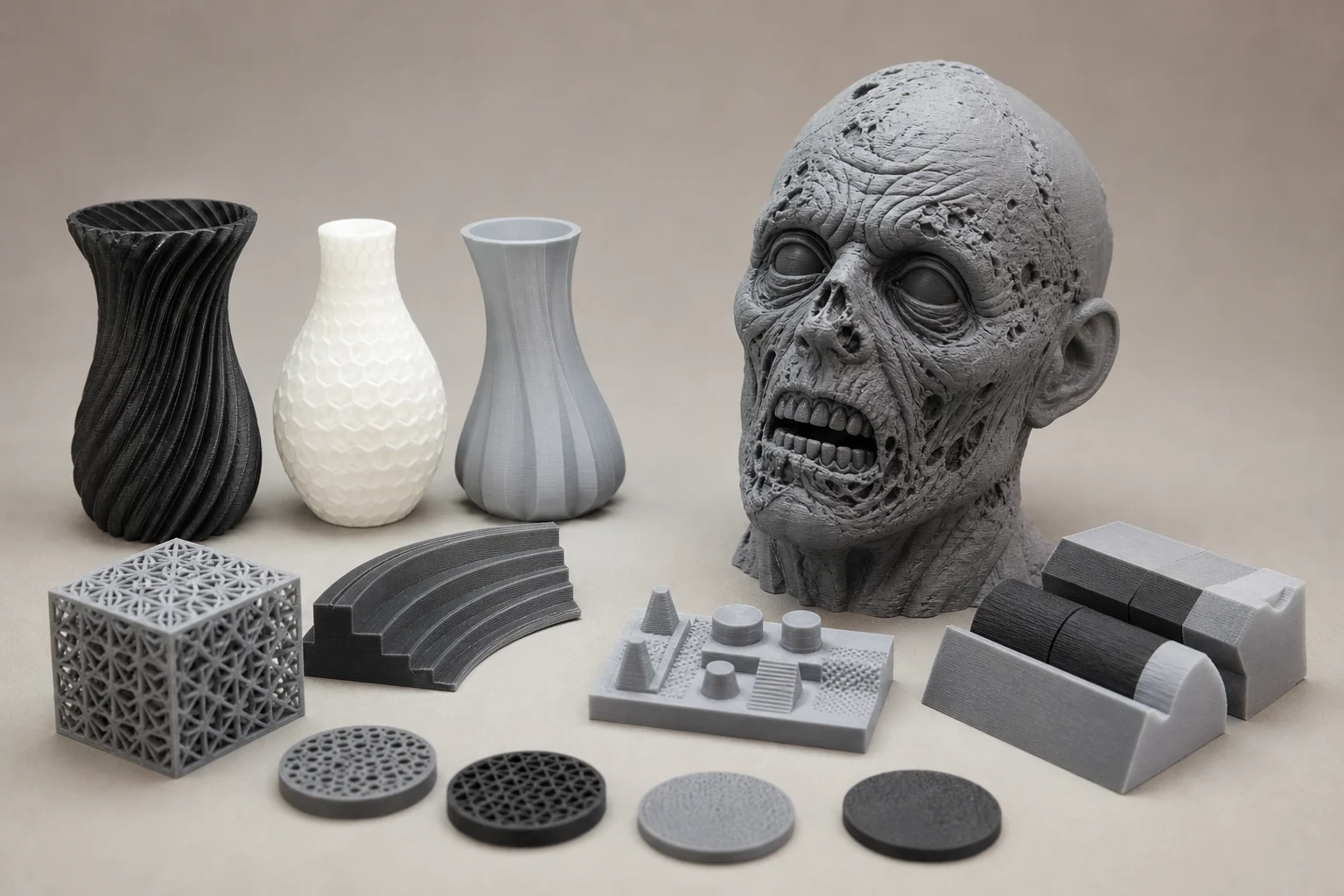 좀비 머리를 포함하여 표면 품질과 디테일을 보여주는 3D 프린팅 부품