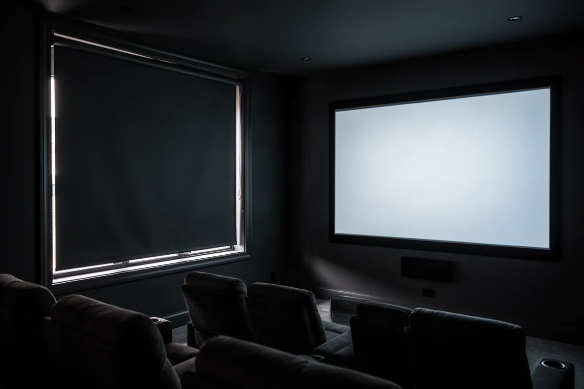 Sala de home theater en penumbra con una persiana oscura completamente bajada que bloquea la luz del día