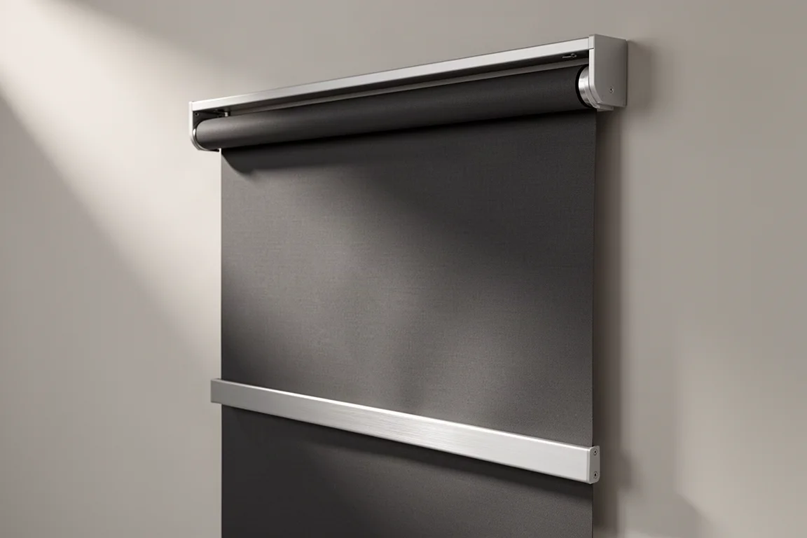 Motorized roller shade with charcoal fabric partially lowered on a grey backdrop