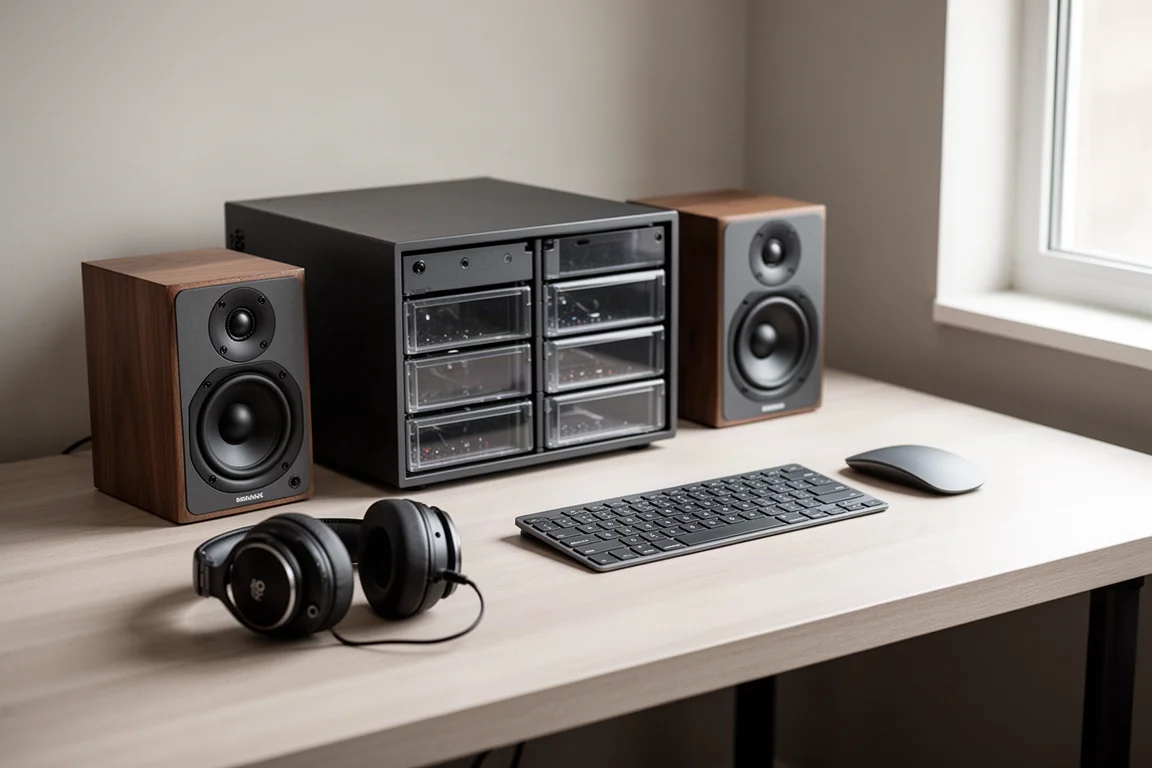 Music production desk with a compact network storage unit, studio monitors, and headphones
