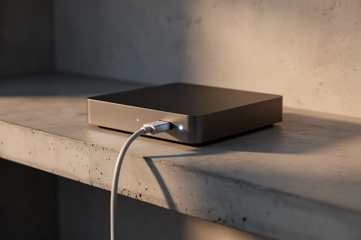 External desktop backup drive connected by cable on a concrete shelf in evening light