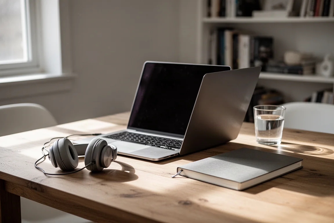 Laptop workspace on a wooden table in a second room with headphones and a notebook