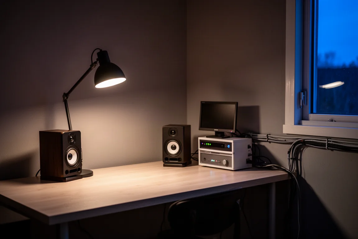 Home studio corner at dusk with desk lamp, monitors, and neatly routed cables