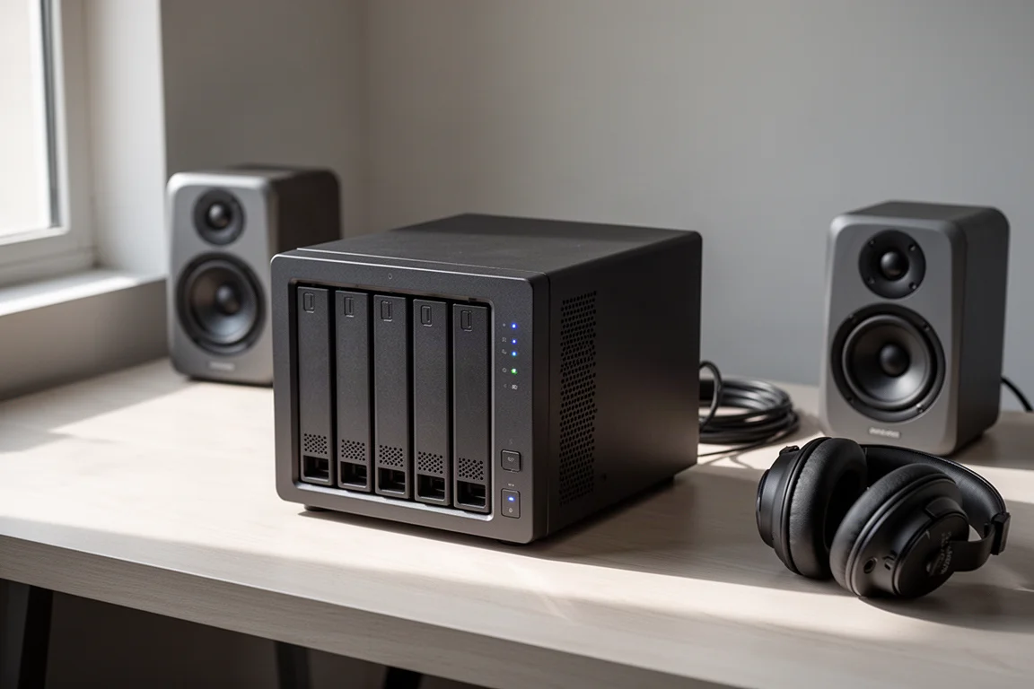 Compact four-bay network storage enclosure on a studio desk with monitor speakers and headphones