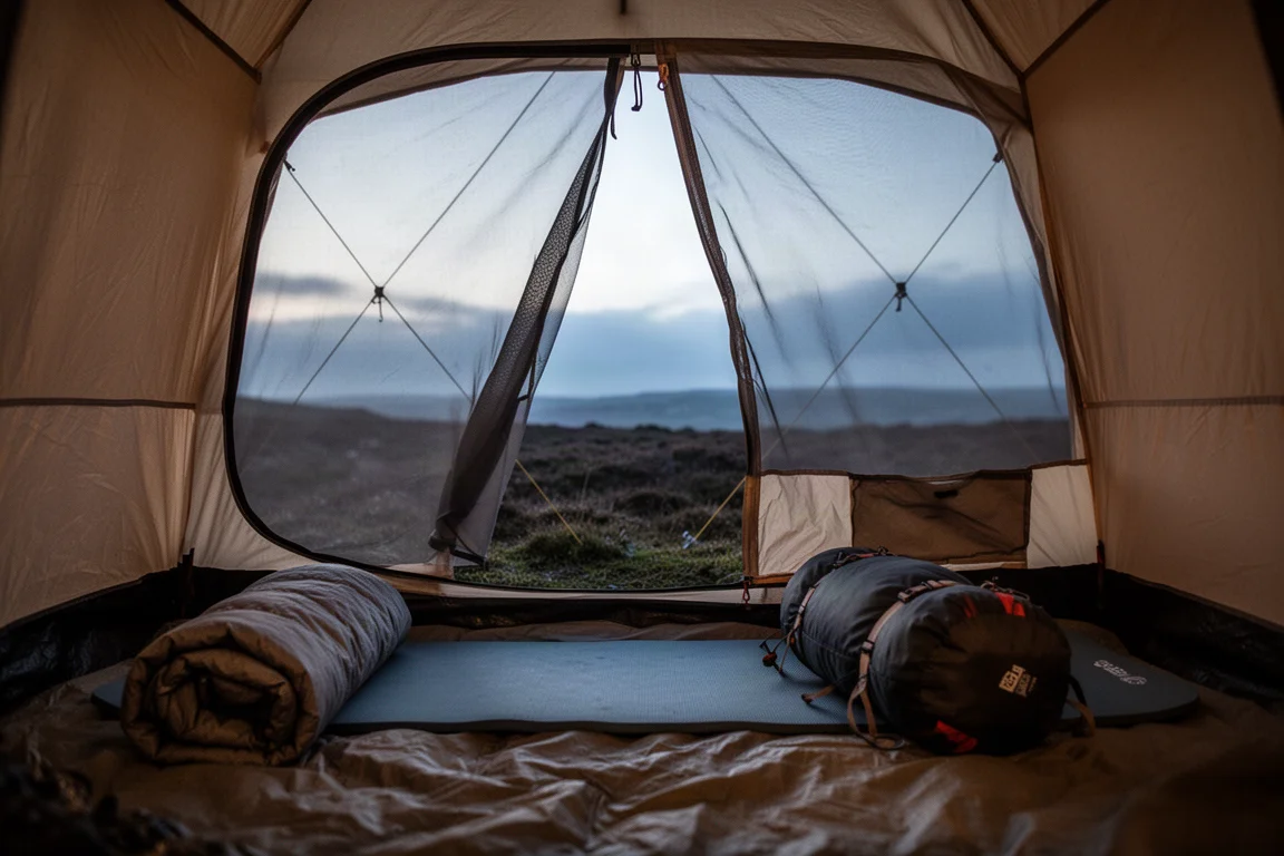 Vue intérieure d'une tente deux places au crépuscule avec matelas de couchage et porte moustiquaire ouverte sur la lande