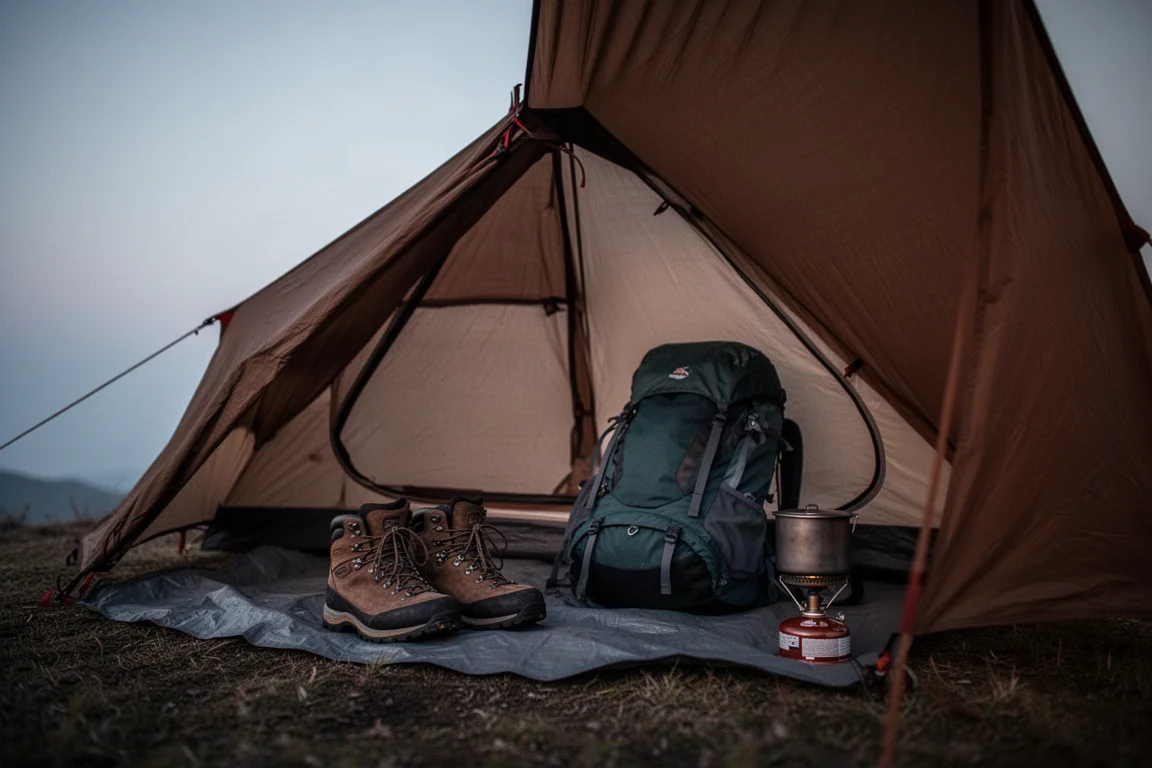Abside de tente au crépuscule avec chaussures de randonnée, sac à dos et réchaud sous le double-toit prolongé