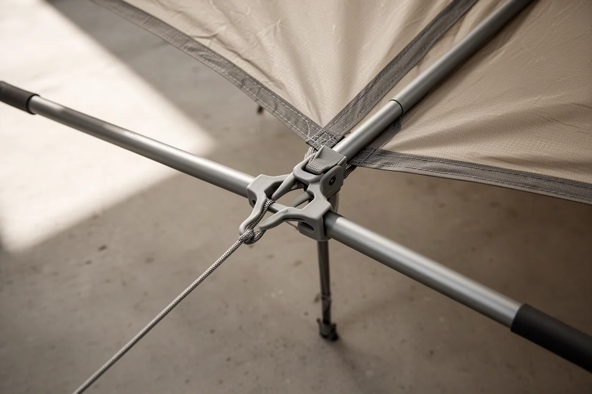Gros plan sur des arceaux de tente croisés et un clip sous le tissu ripstop tendu du double-toit