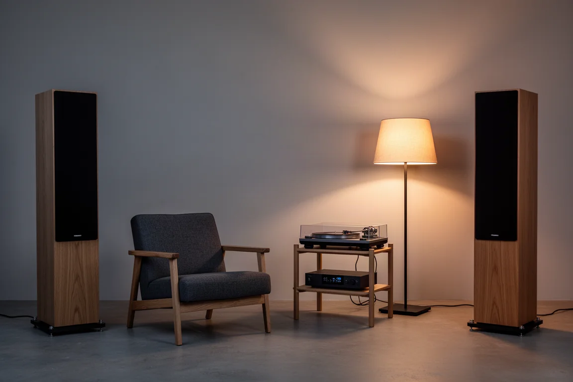 Minimalistischer Hörraum in der Dämmerung mit zwei hohen Panel-Lautsprechern und einem niedrigen Stuhl