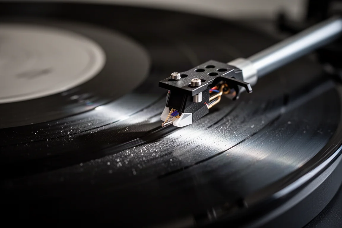 Makroaufnahme einer Plattenspielernadel, die in einer Vinyl-Rille liegt