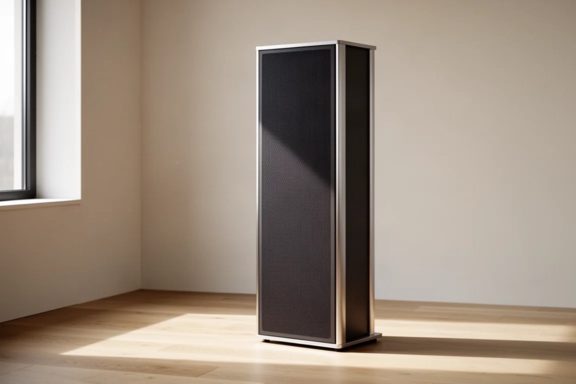 Tall electrostatic floorstanding loudspeaker with dark perforated panel on oak floor