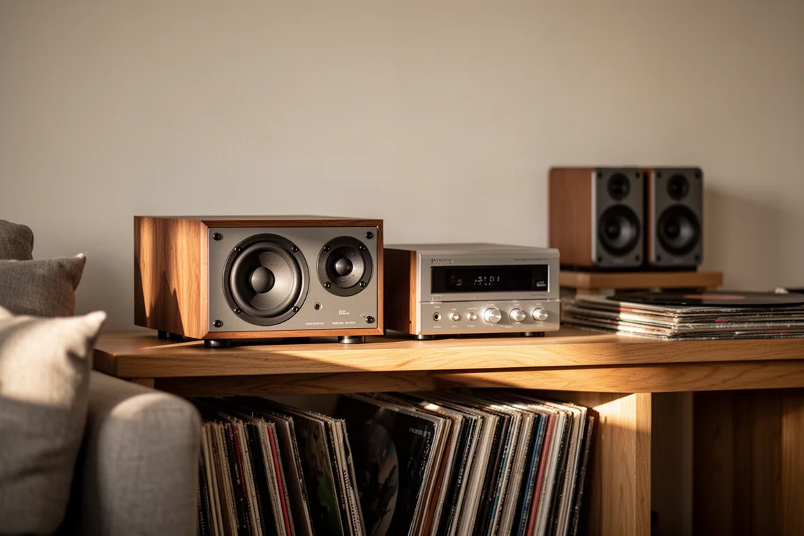 Angolo di una sala d'ascolto con giradischi, dischi in vinile impilati e un piccolo amplificatore argentato