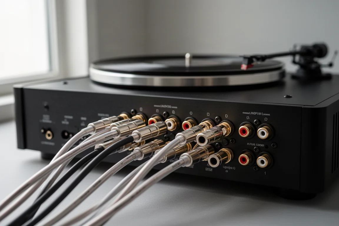 Primo piano di un trasformatore toroidale e di un banco di condensatori all'interno del telaio di un amplificatore