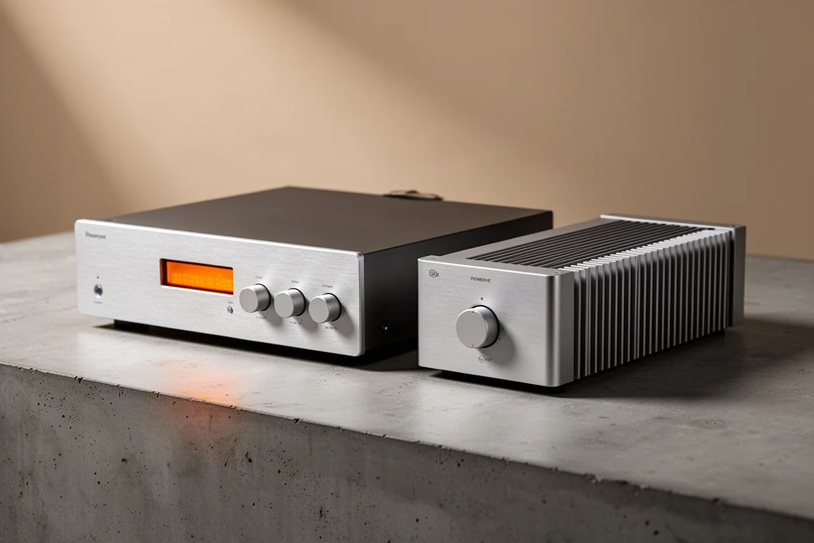 Silver half-width preamplifier and tall power amplifier with front heat sink fins on concrete