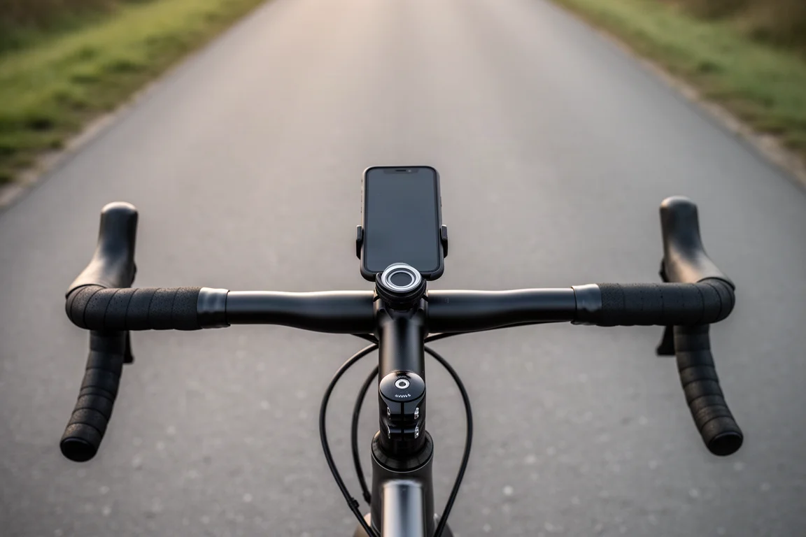 Rider's view over a bike cockpit with a smartphone mounted at the stem