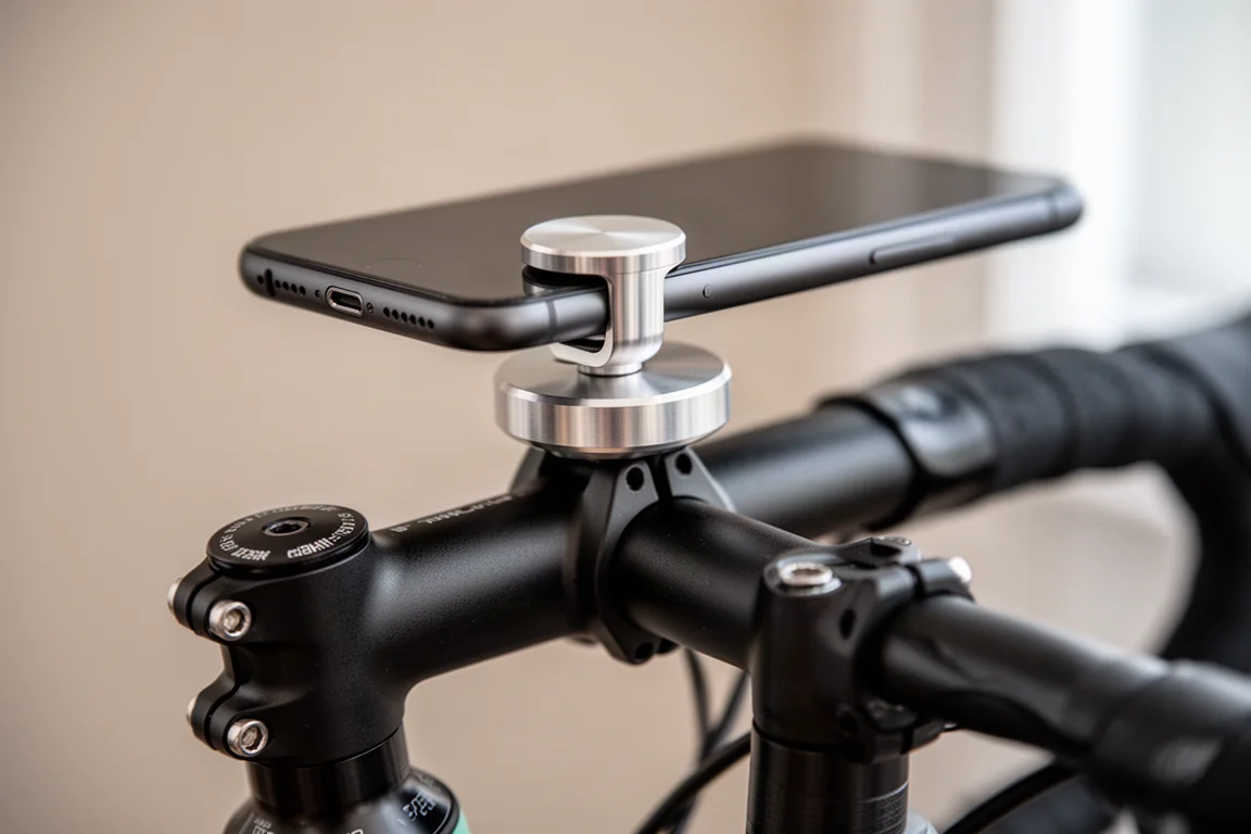 Close-up of a smartphone locked onto a stem cap mount on a road bike