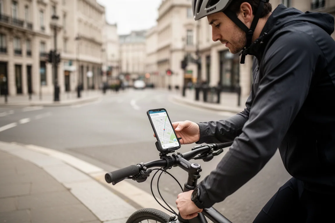 Cyclist checking a route on a handlebar-mounted phone in a city street
