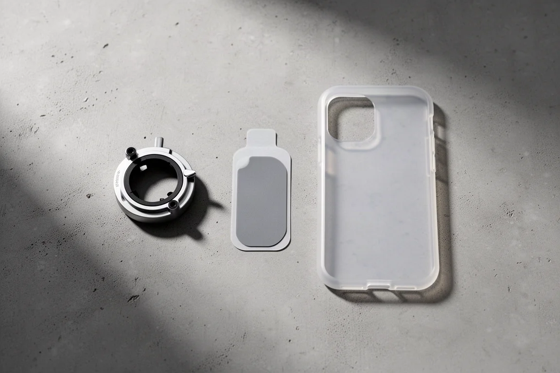 Overhead flat-lay of a bike phone mount, universal adapter and protective shell