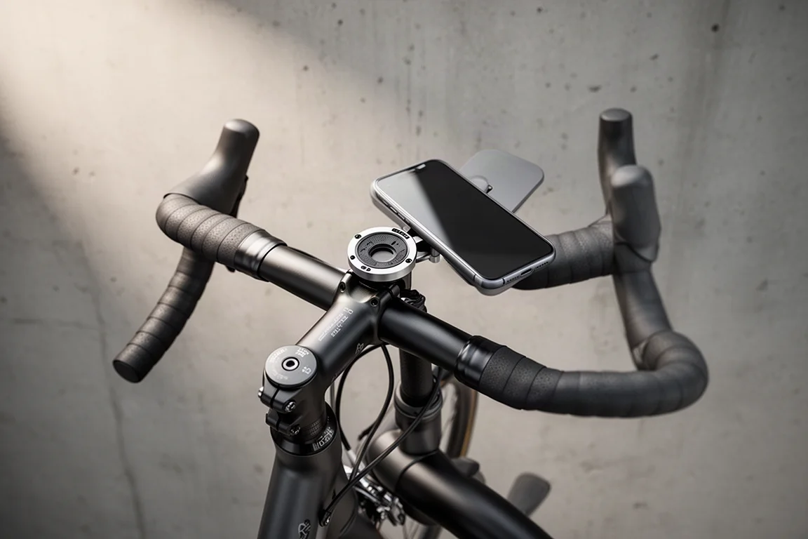 Cockpit di una bici con uno smartphone montato sull'attacco manubrio su un compatto supporto in alluminio