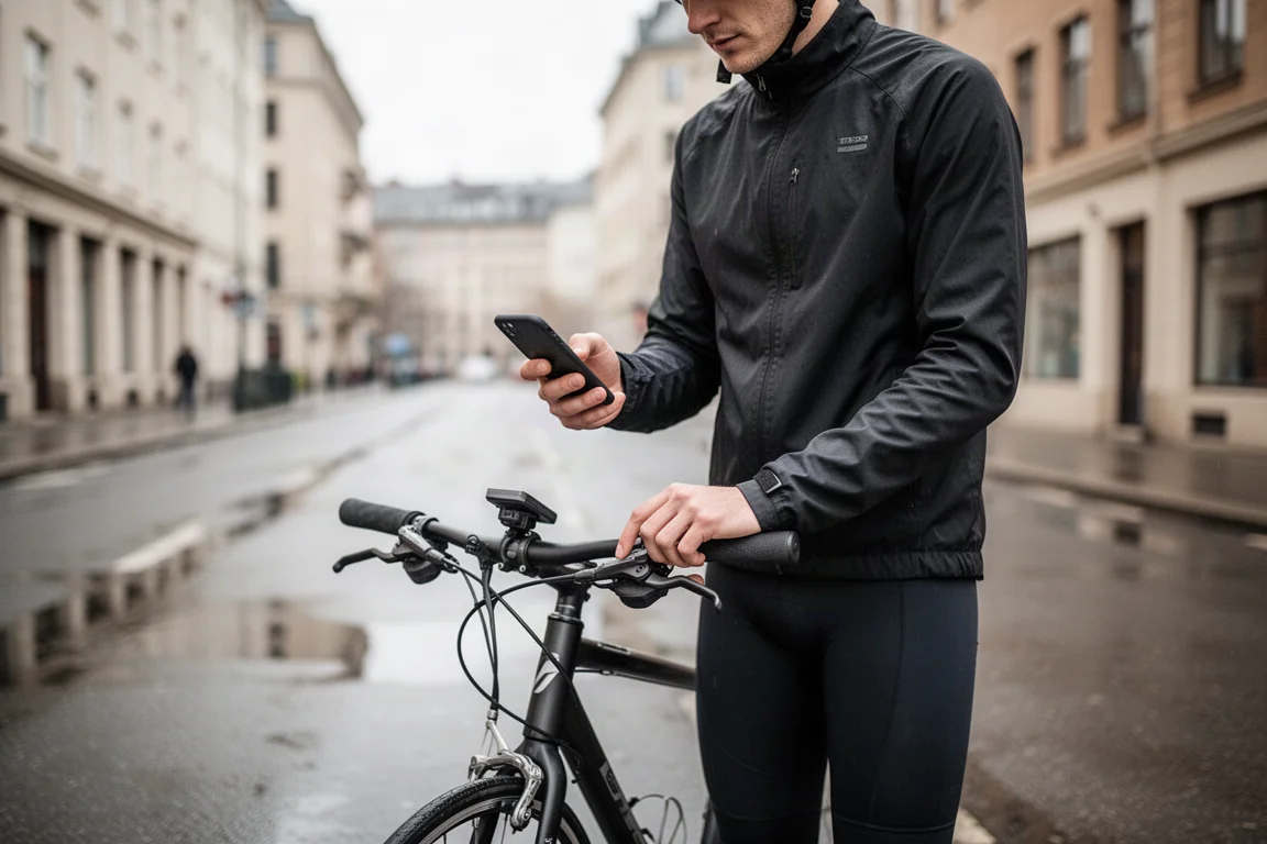 Ciclista consultando un mapa en el teléfono mientras está parado en una calle urbana