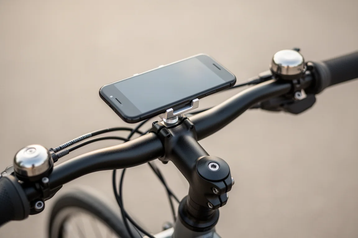 Primer plano de un teléfono montado en la tapa de la potencia de una bicicleta urbana