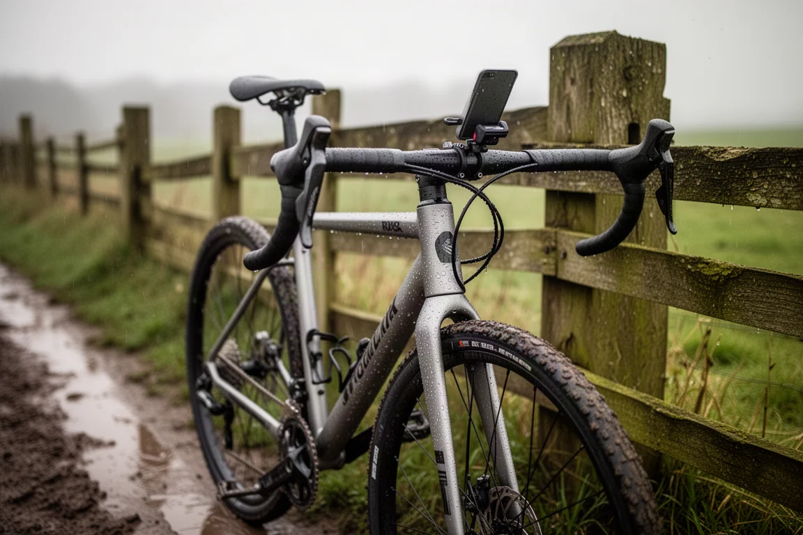 Bicicleta de gravel aparcada en una pista mojada con un teléfono en la potencia
