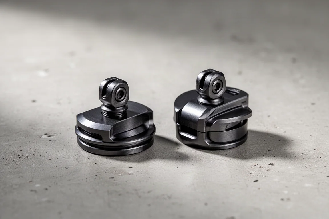 Dos soportes Quad Lock para la tapa de la potencia en aluminio oscuro sobre una superficie de hormigón